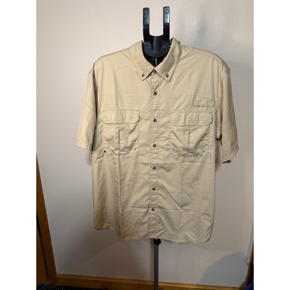 Lincoln Outfitters Mens Large Tan Khaki Fishing Shirt Short Sleeve Ventilated L